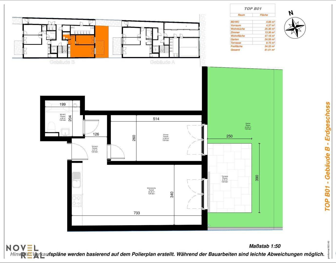 Grundriss des Erdgeschosses mit Wohnbereich, Schlafzimmern und Terrasse.