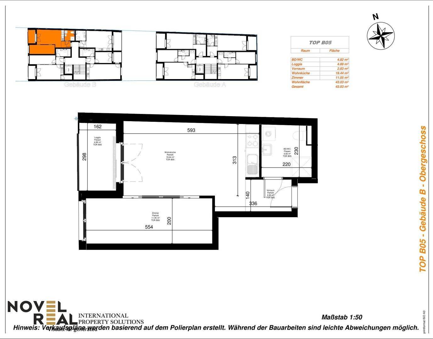 Grundriss für eine Wohnung im Obergeschoss mit offener Küche und Balkon.