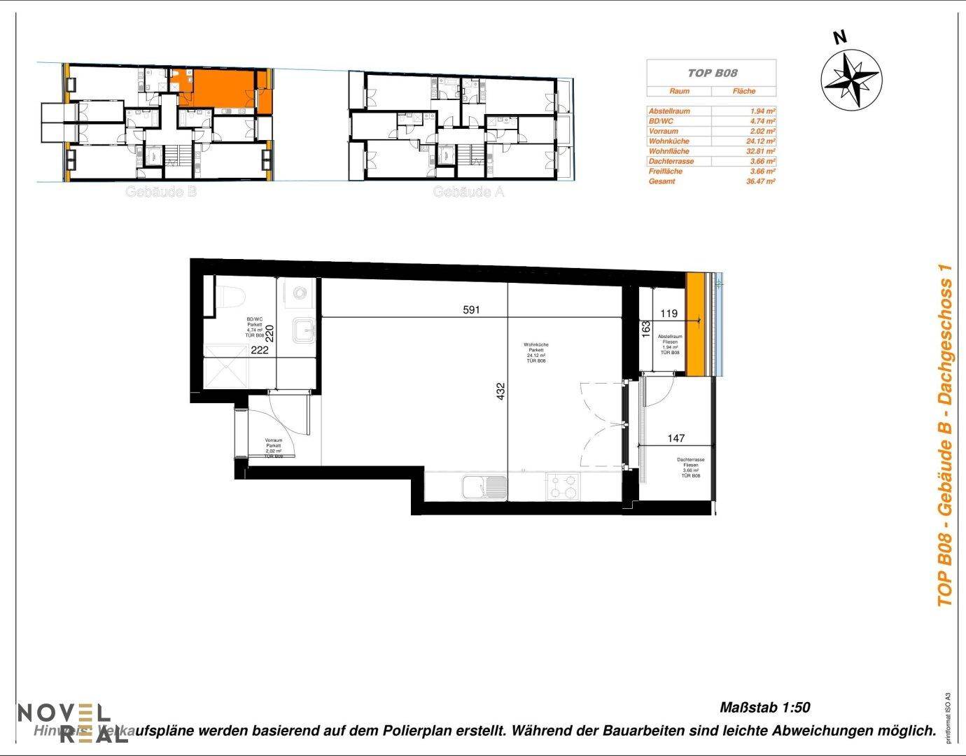 Detaillierter Grundriss einer Wohnung im Dachgeschoss mit offener Raumaufteilung und Dachterrasse.
