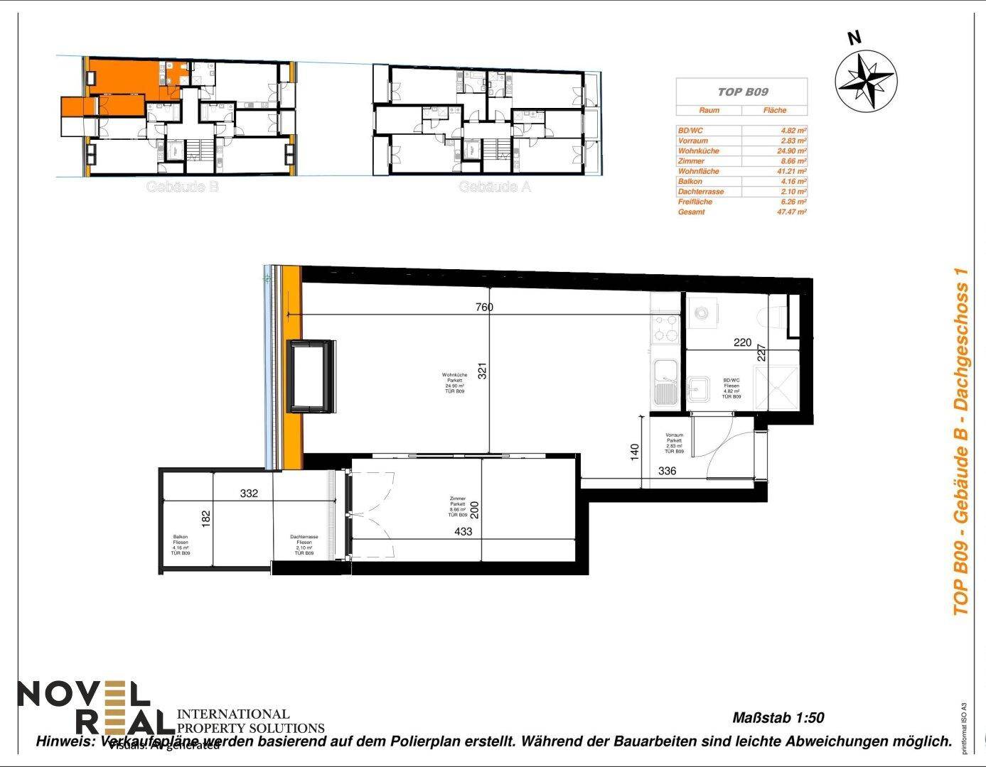 Grundriss des Dachgeschosses mit Raumaufteilung und Flächenangaben für eine Wohnung.
