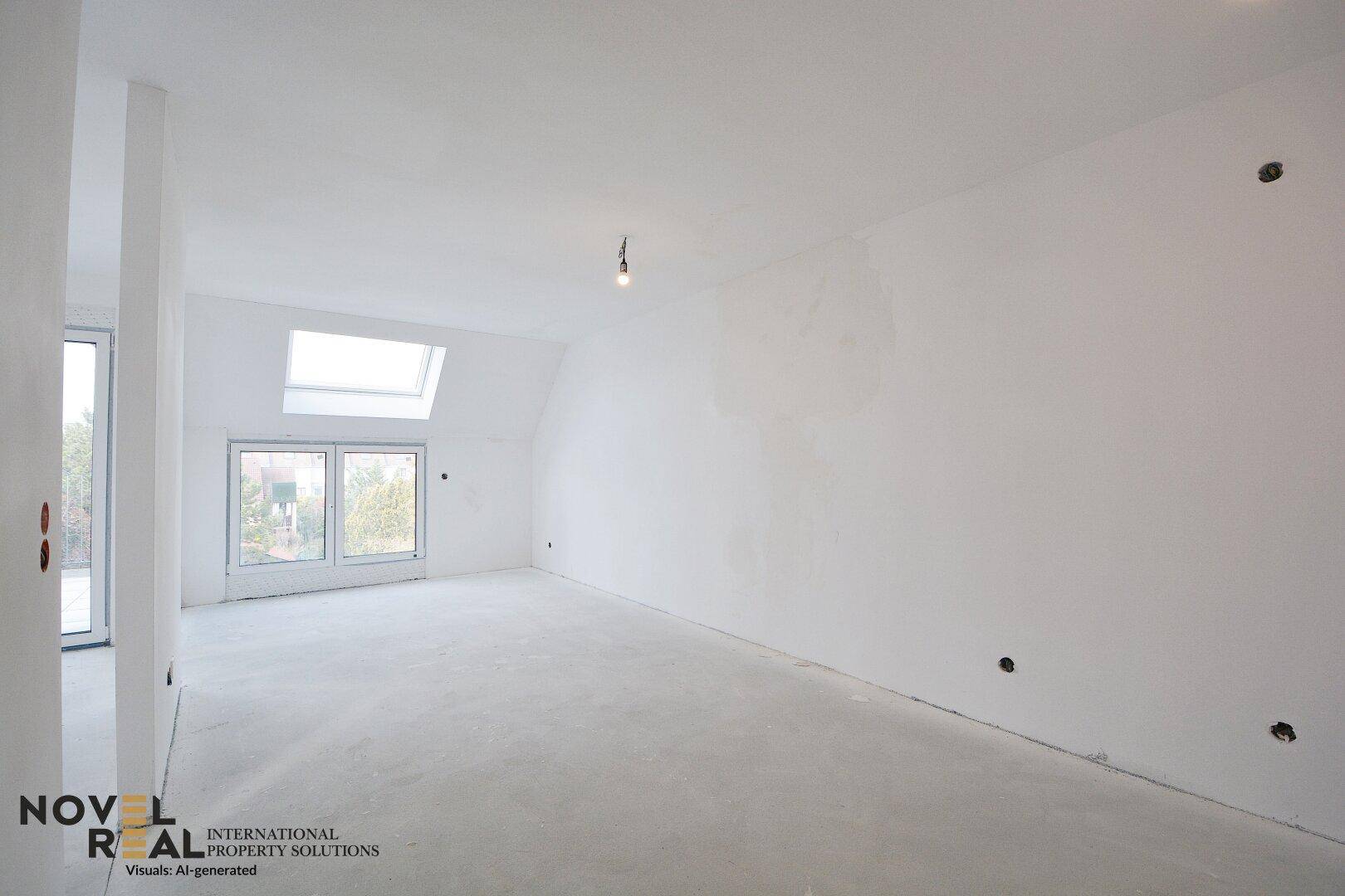 Unmöblierter Raum im Dachgeschoss mit Dachschräge, Dachfenster und Rohbauzustand.