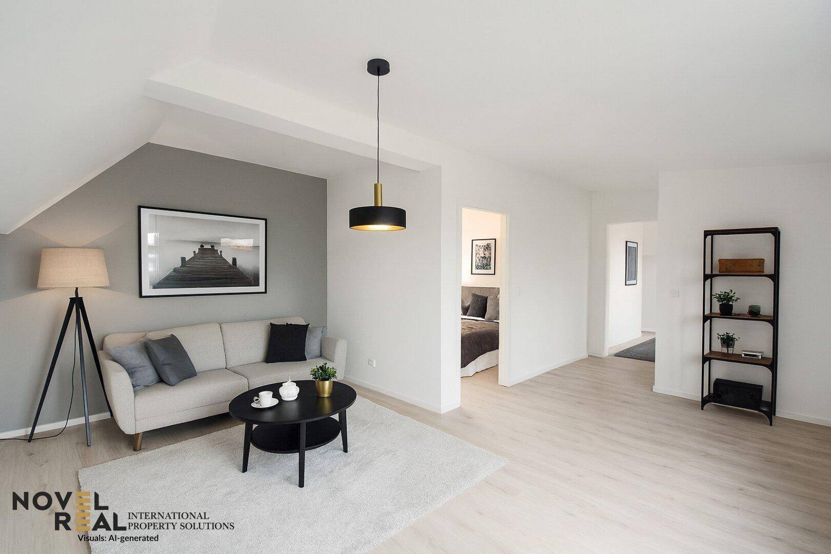 Helles Wohnzimmer mit modernem Sofa, Holzboden und Blick in ein angrenzendes Schlafzimmer.