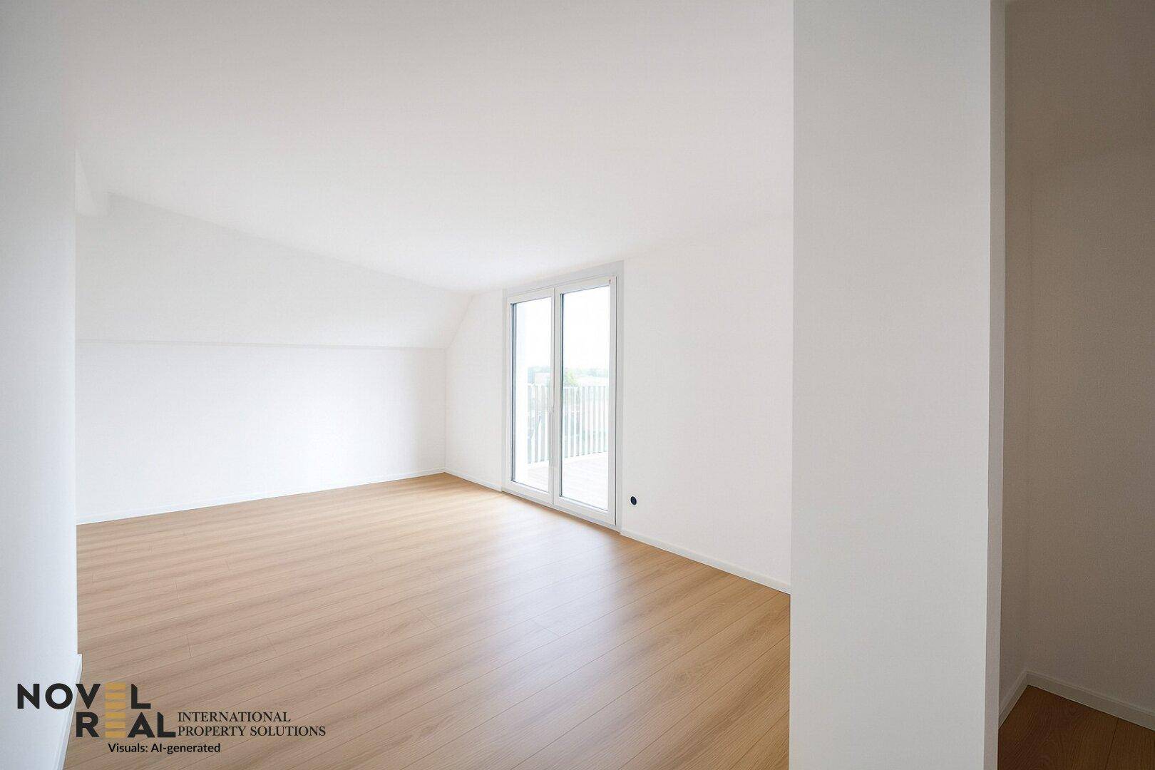 Heller, leerer Raum mit Laminatboden und Zugang zu einem Außenbereich durch eine große Schiebetür.