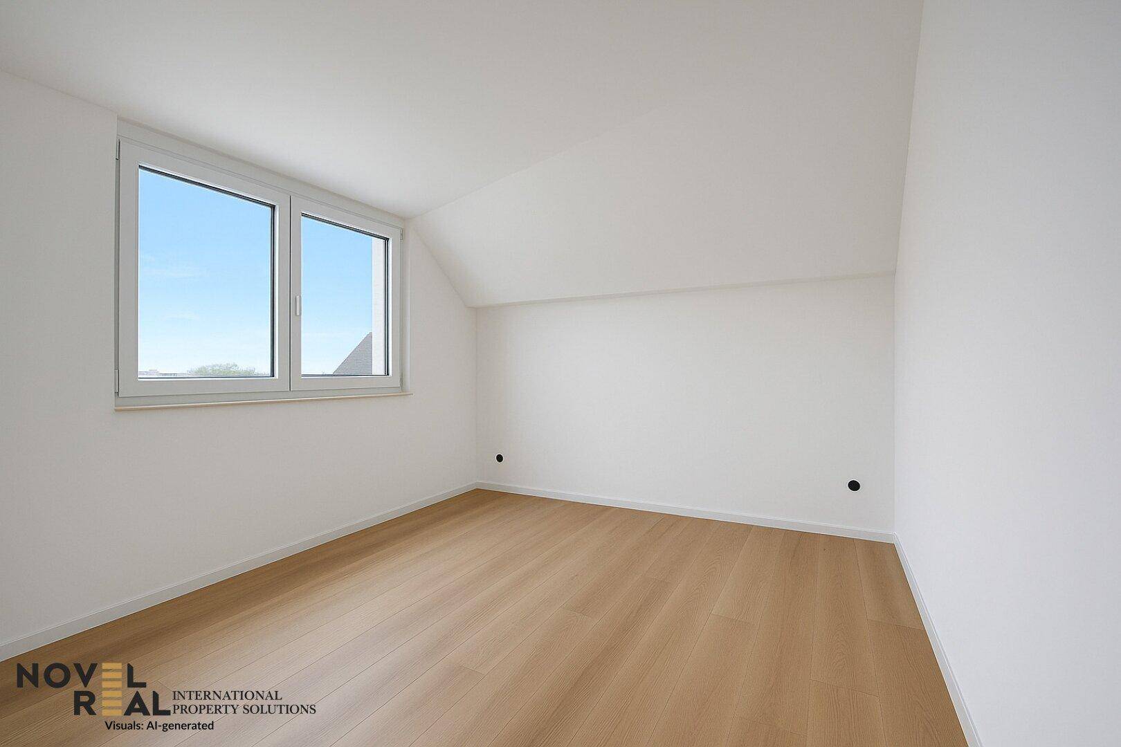 Leerer Raum mit hellem Holzfußboden, weißen Wänden und einem Fenster unter einer Dachschräge.