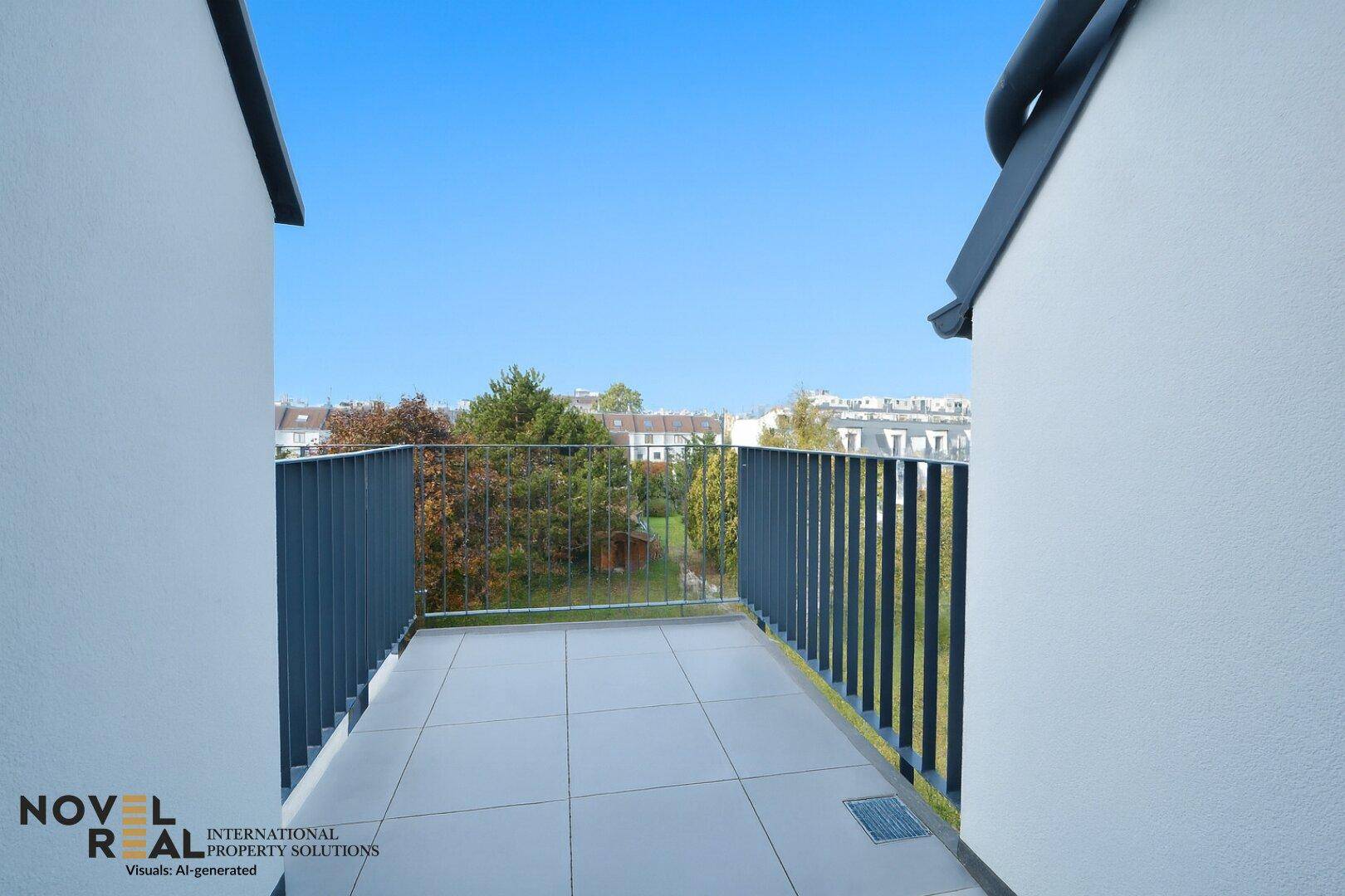 Geräumiger Balkon mit Fliesenboden und Blick auf die umliegende Wohngegend und Bäume.