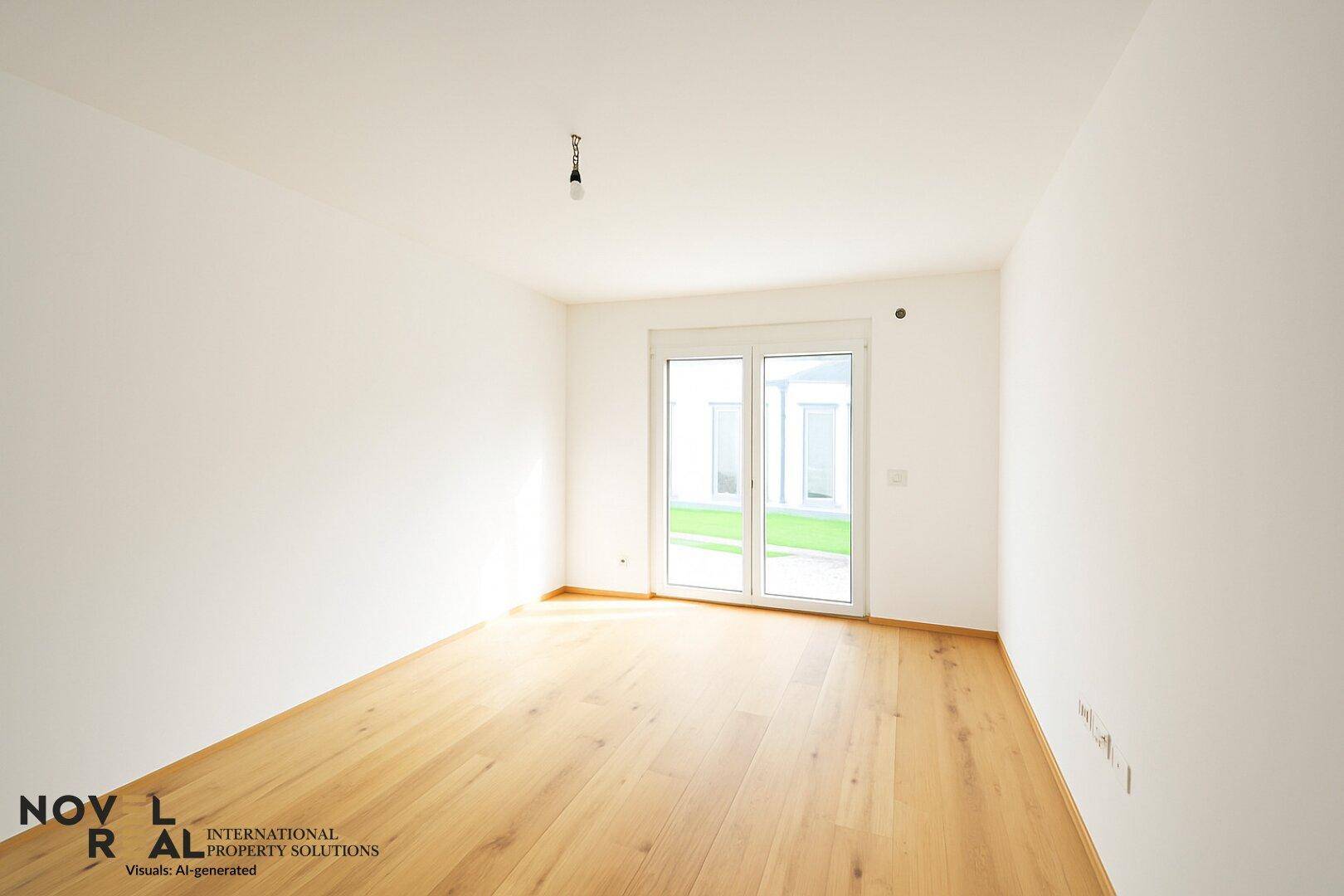 Leerer Raum mit Holzboden und Zugang zu einem Außenbereich, bereit zur individuellen Gestaltung.