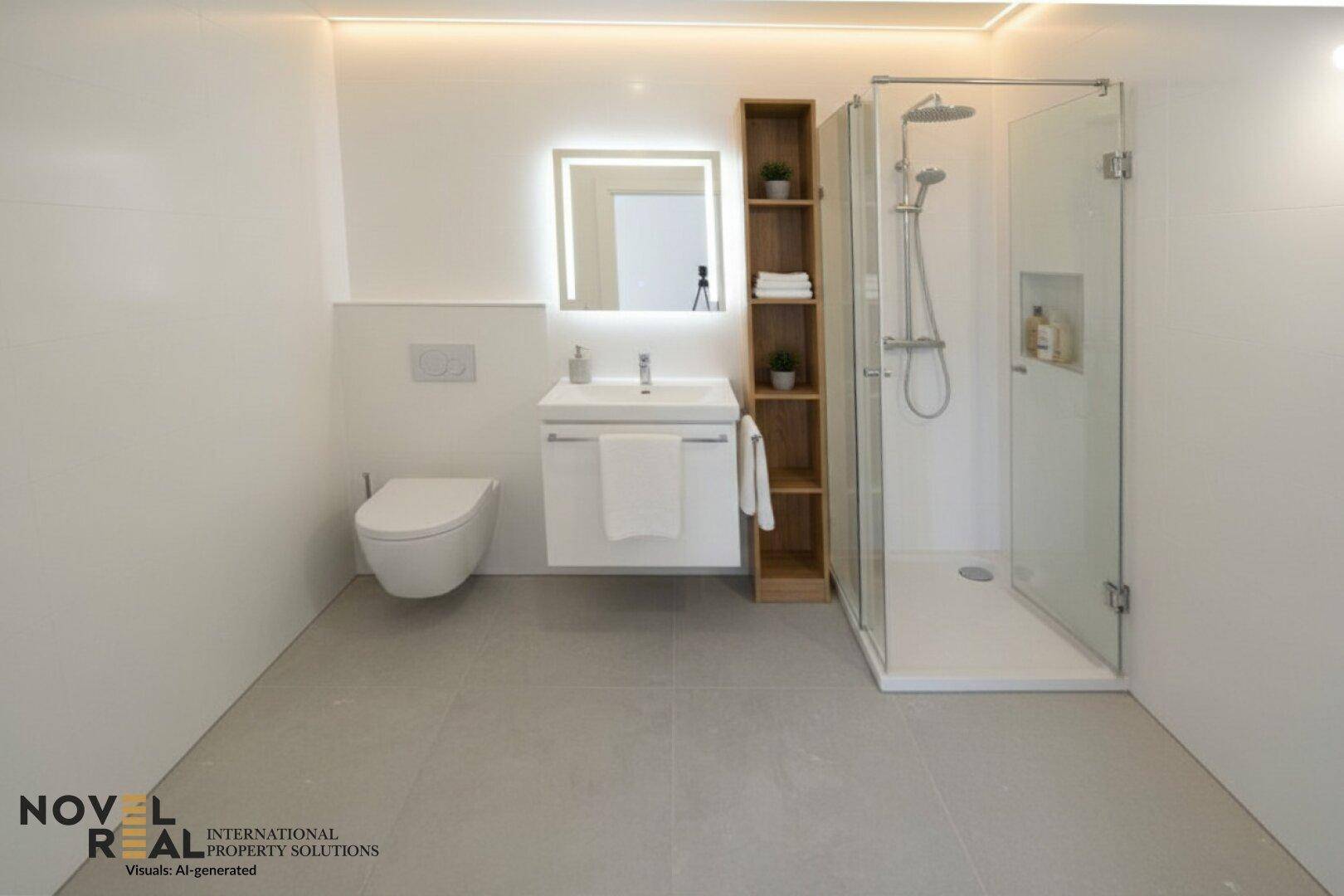Modernes Badezimmer mit begehbarer Dusche, wandhängendem WC und beleuchtetem Spiegel.