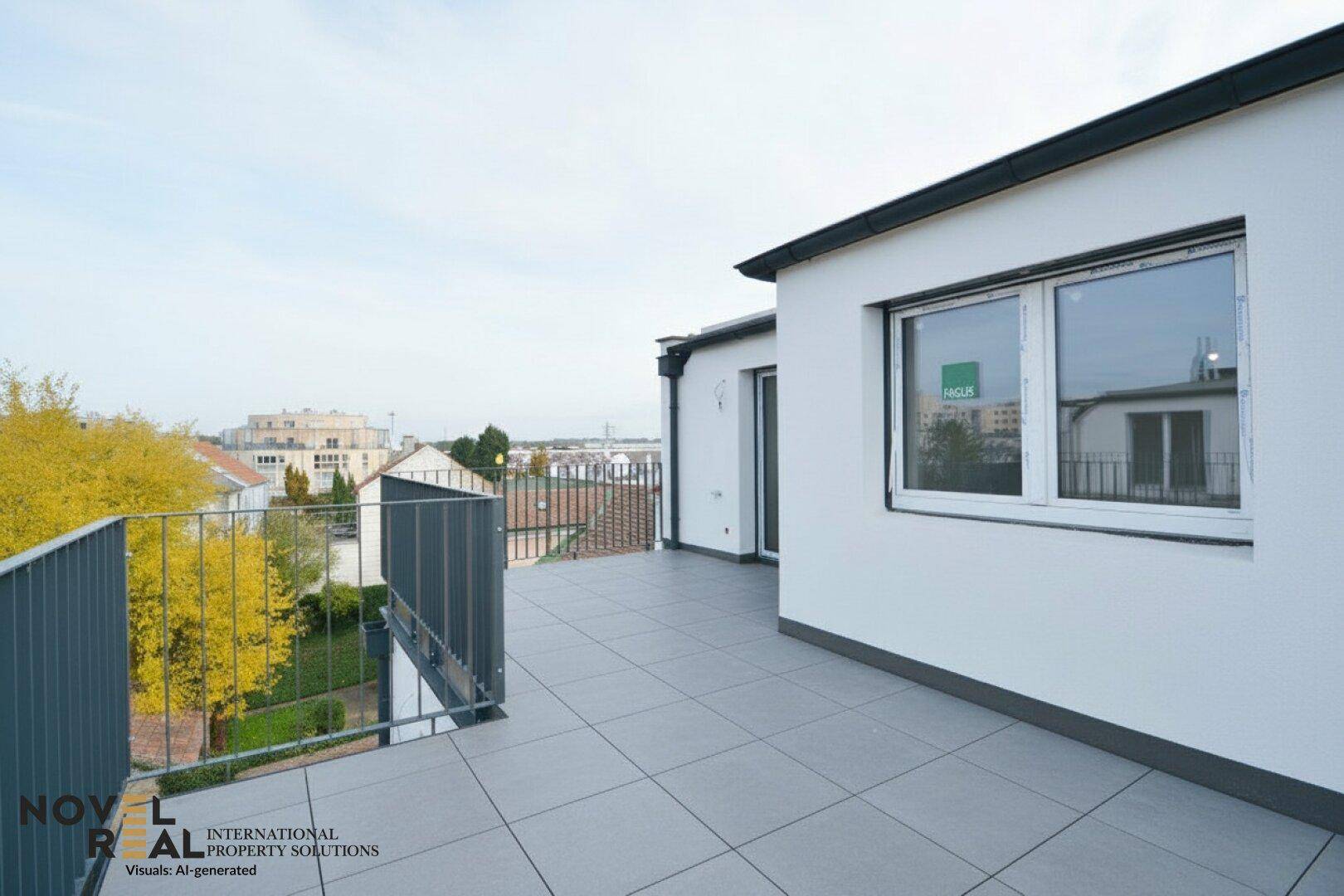 Geräumige Dachterrasse mit Fliesenboden, Metallgeländer und weitem Blick über die Stadt.