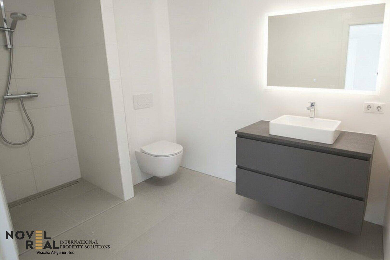 Modernes Badezimmer mit ebenerdiger Dusche, Wand-WC und beleuchtetem Spiegel.