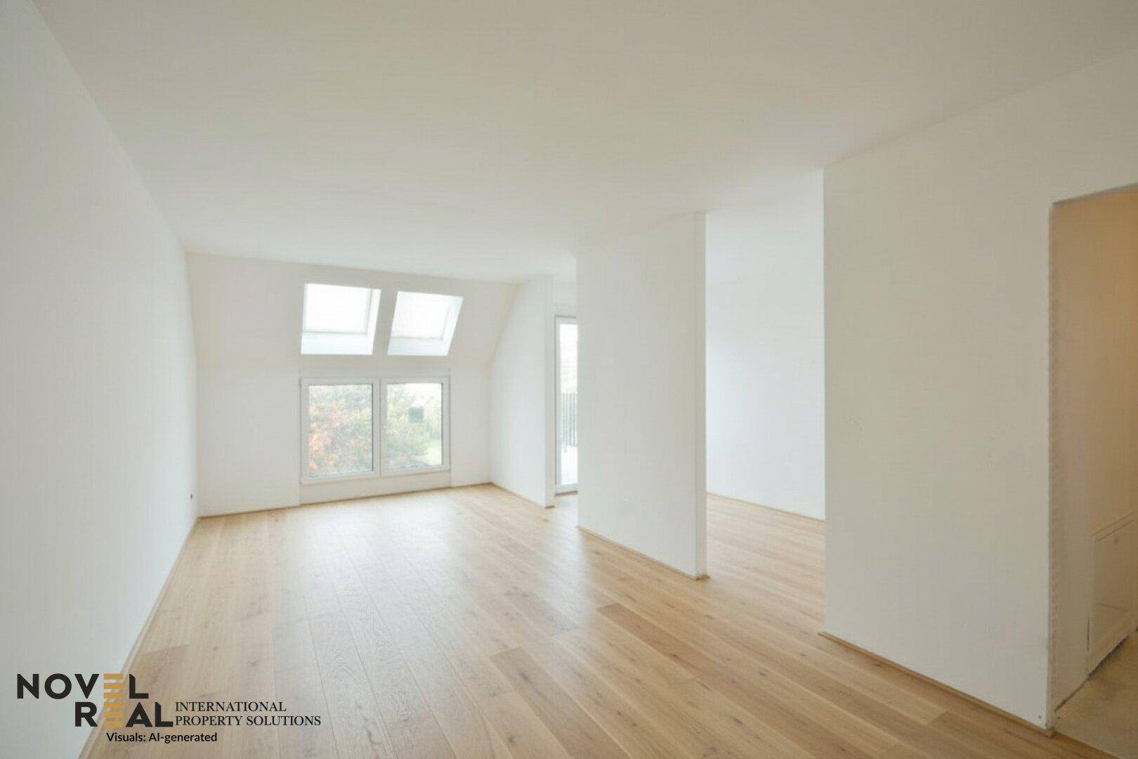 Leerer, lichtdurchfluteter Wohn- und Essbereich mit hellem Holzboden, weißen Wänden und großen Fenstern.