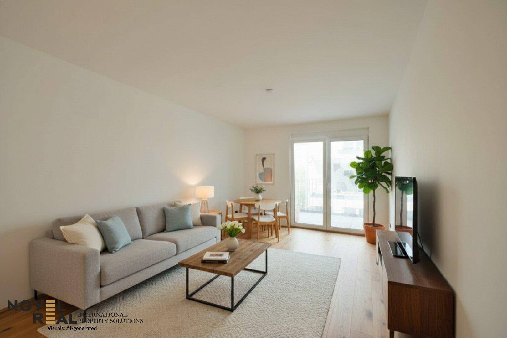 Heller, offener Wohn- und Essbereich mit modernem Sofa, Holzboden und Zugang zum Außenbereich.
