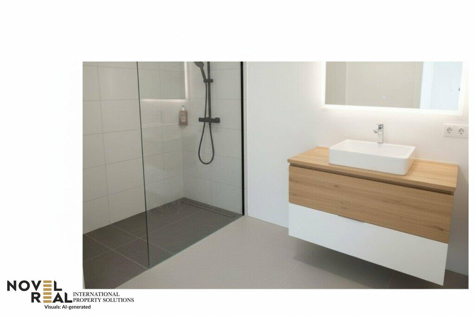 Modernes Badezimmer mit ebenerdiger Dusche, elegantem Waschtisch und beleuchtetem Spiegel.
