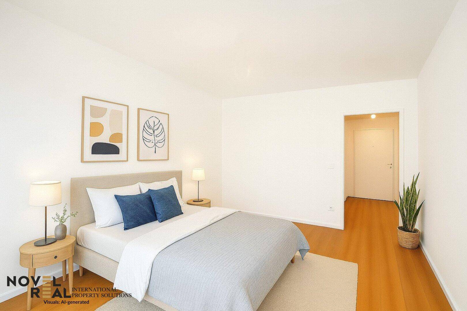 Modern eingerichtetes Schlafzimmer mit Doppelbett, Nachttischen und Pflanzen.