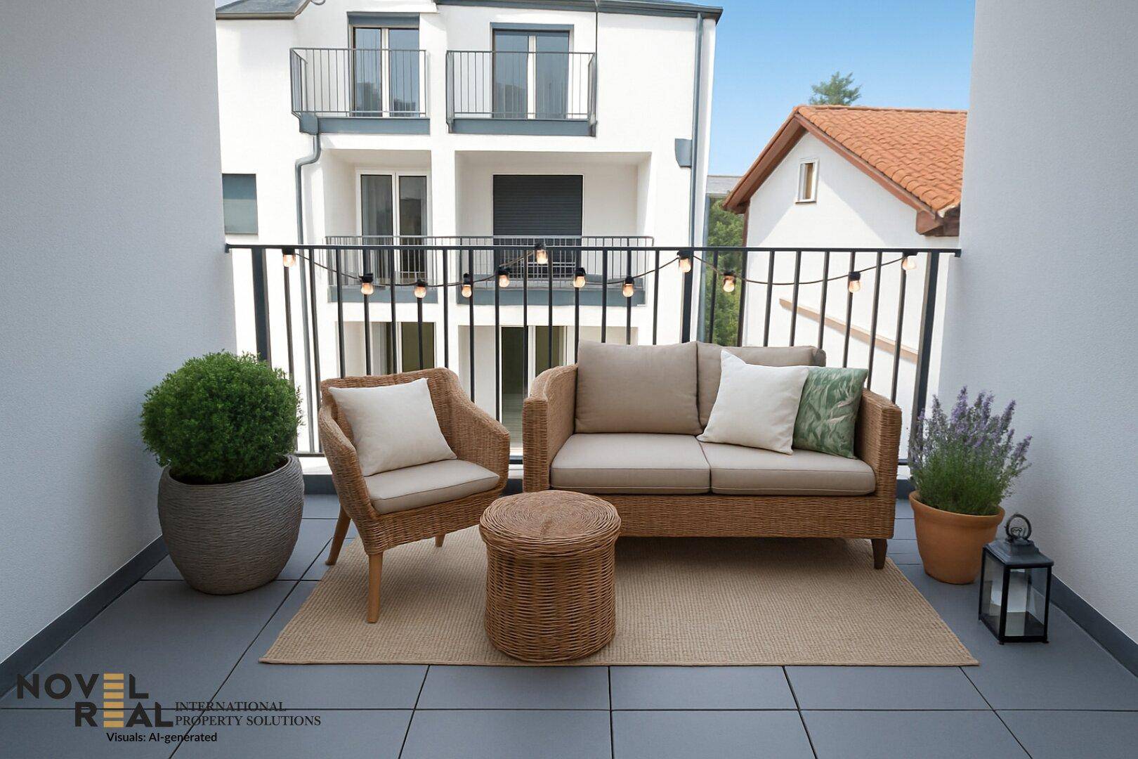 Möblierter Balkon mit Rattanmöbeln, Pflanzen und Blick auf das Nachbargebäude.