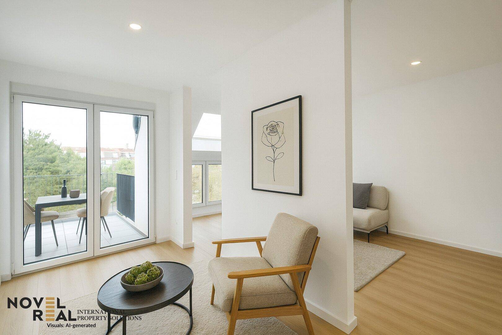 Modern eingerichtetes Wohnzimmer mit Balkonzugang, hellem Boden und minimalistischer Dekoration.