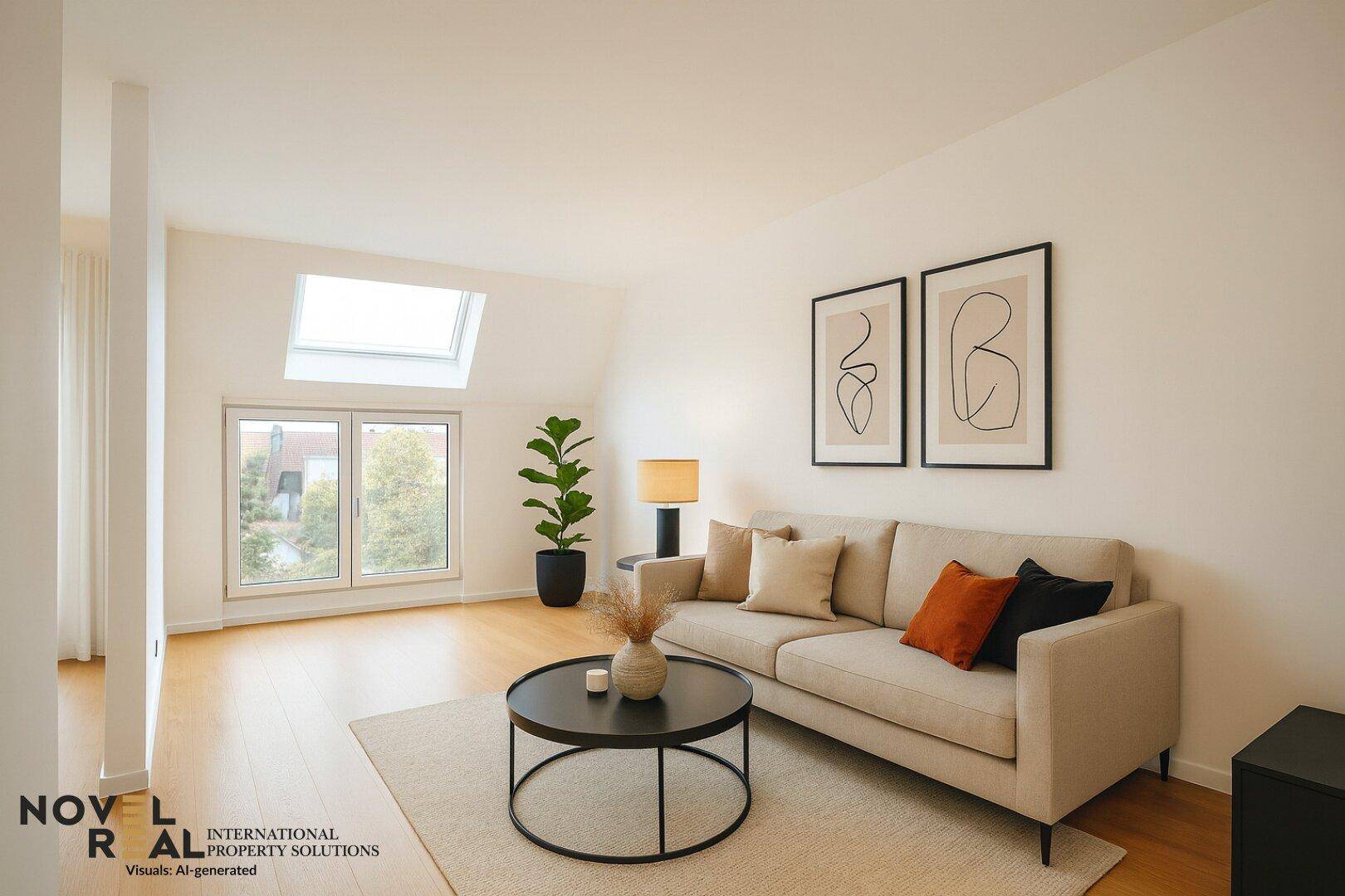 Gemütliches Wohnzimmer mit Sofa, Dachfenster und Blick ins Grüne.
