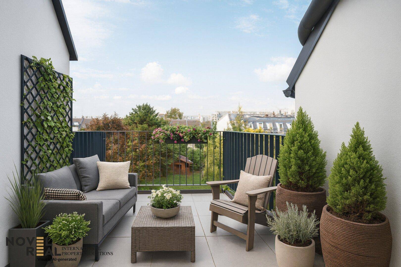 Möblierter Balkon mit bequemen Sitzgelegenheiten, Pflanzen und weitem Blick über die Dächer.