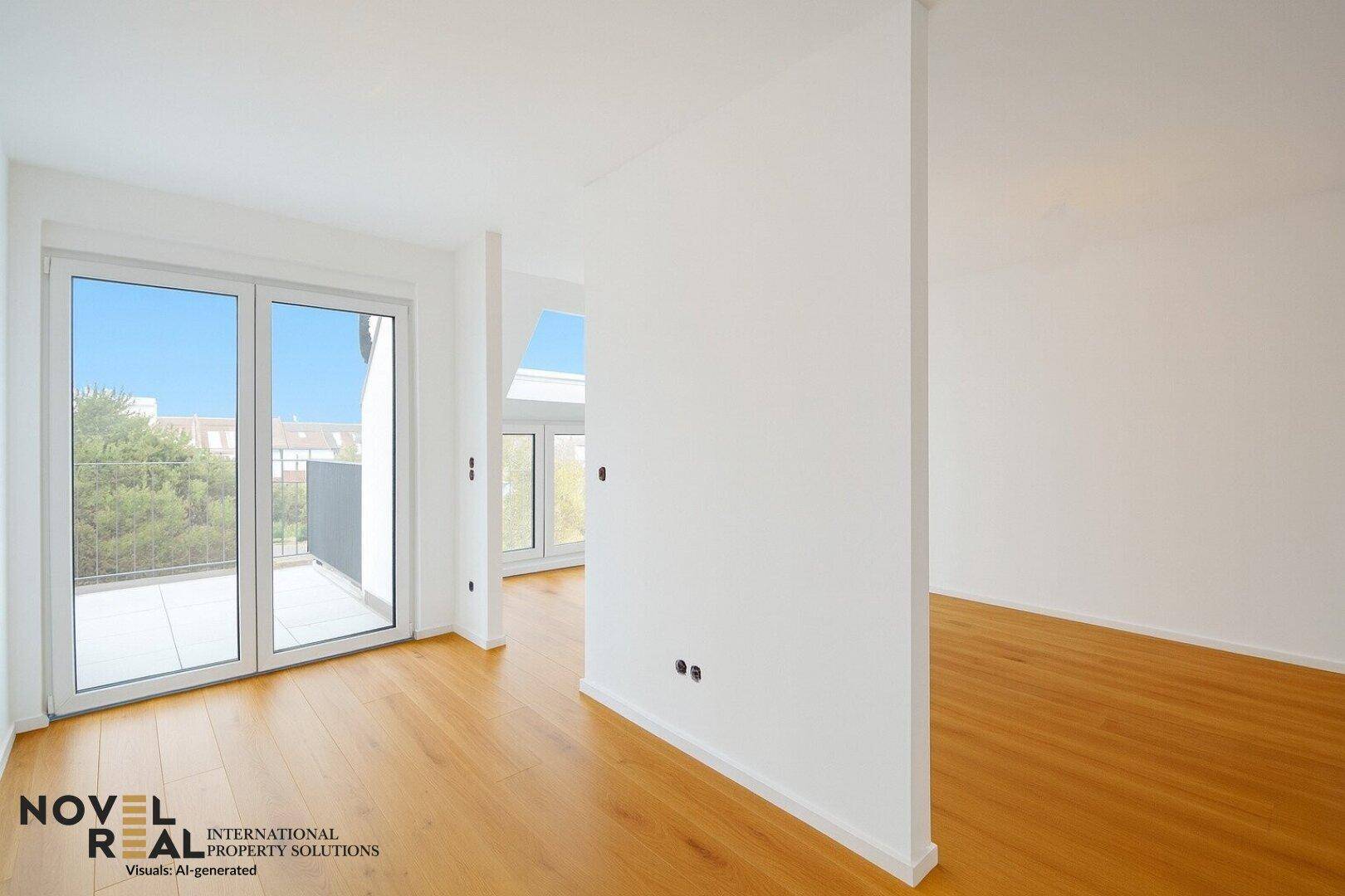 Lichtdurchfluteter Raum mit Holzboden und großen Fenstern, die Zugang zu einem Balkon bieten.