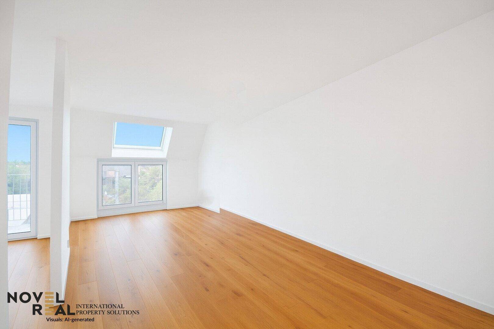 Heller Wohnraum im Dachgeschoss mit Holzboden, Dachfenster und Zugang zu einem Außenbereich.