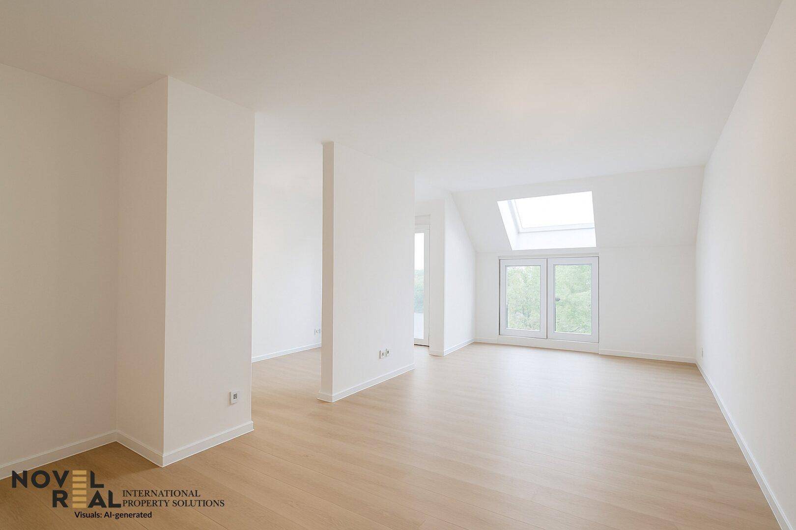 Heller Wohnbereich mit hellem Holzboden, Dachfenster und Zugang zu einem Außenbereich.