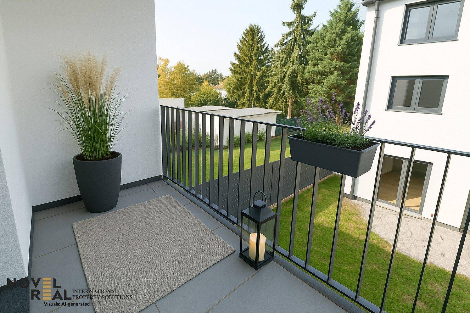 Kleiner Balkon mit moderner Bepflanzung und Blick ins Grüne.
