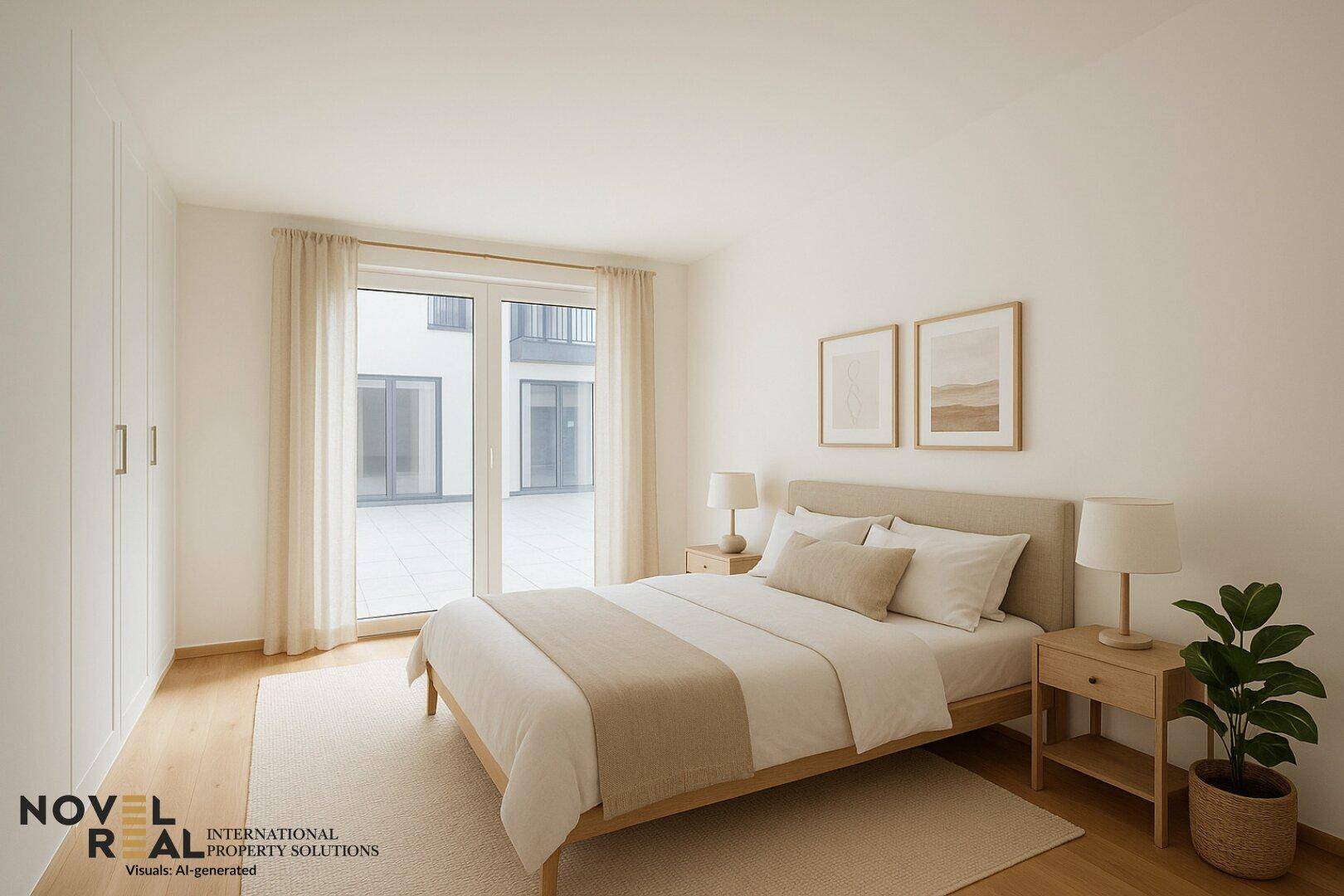 Gemütliches Schlafzimmer mit Doppelbett, Einbauschränken und direktem Zugang zur Terrasse.