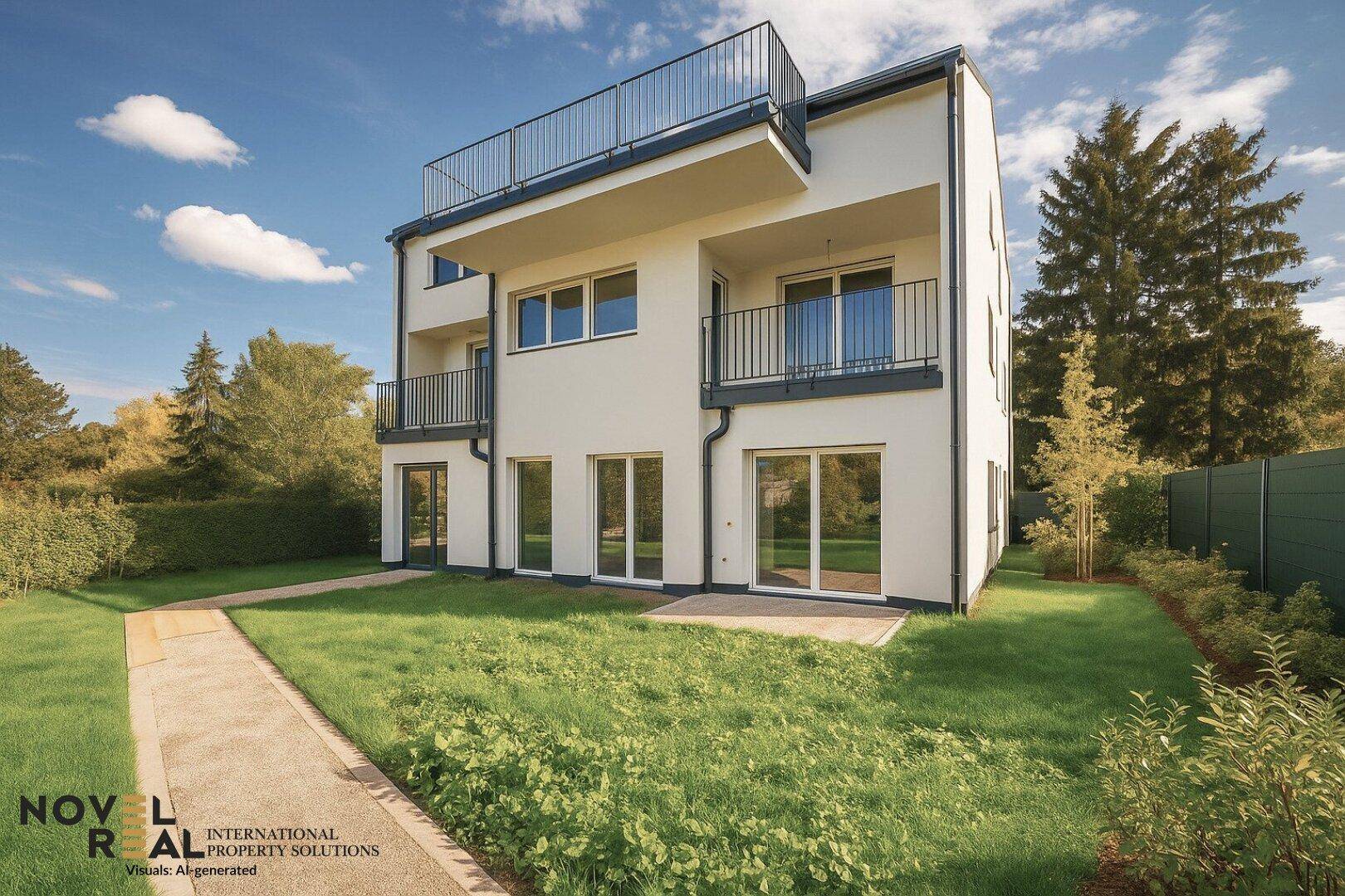 Modernes Mehrfamilienhaus mit gepflegtem Garten, Balkonen und Terrassen in grüner Umgebung.