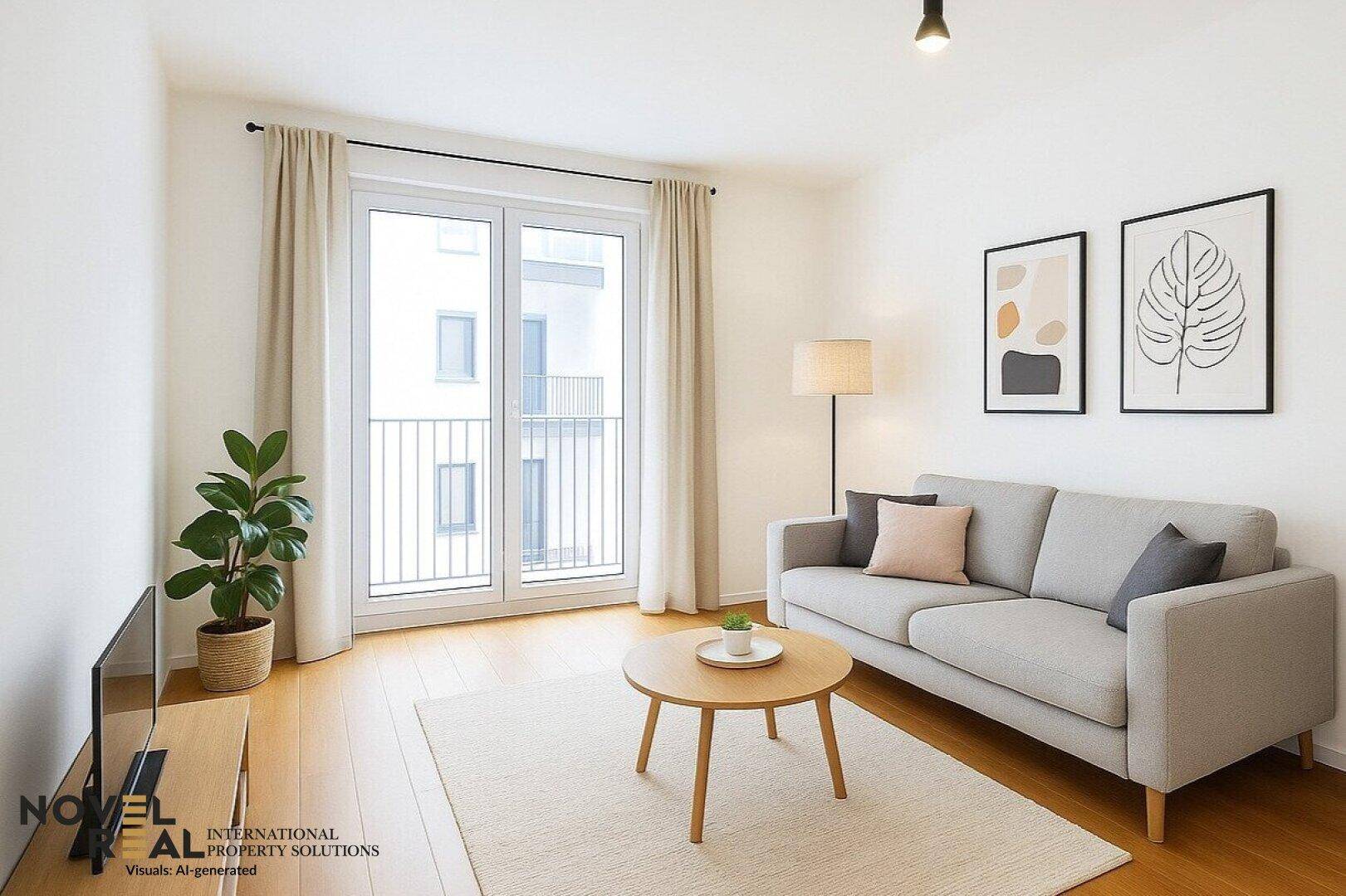 Modern eingerichtetes Wohnzimmer mit Sofa, Couchtisch und Zugang zum Balkon.
