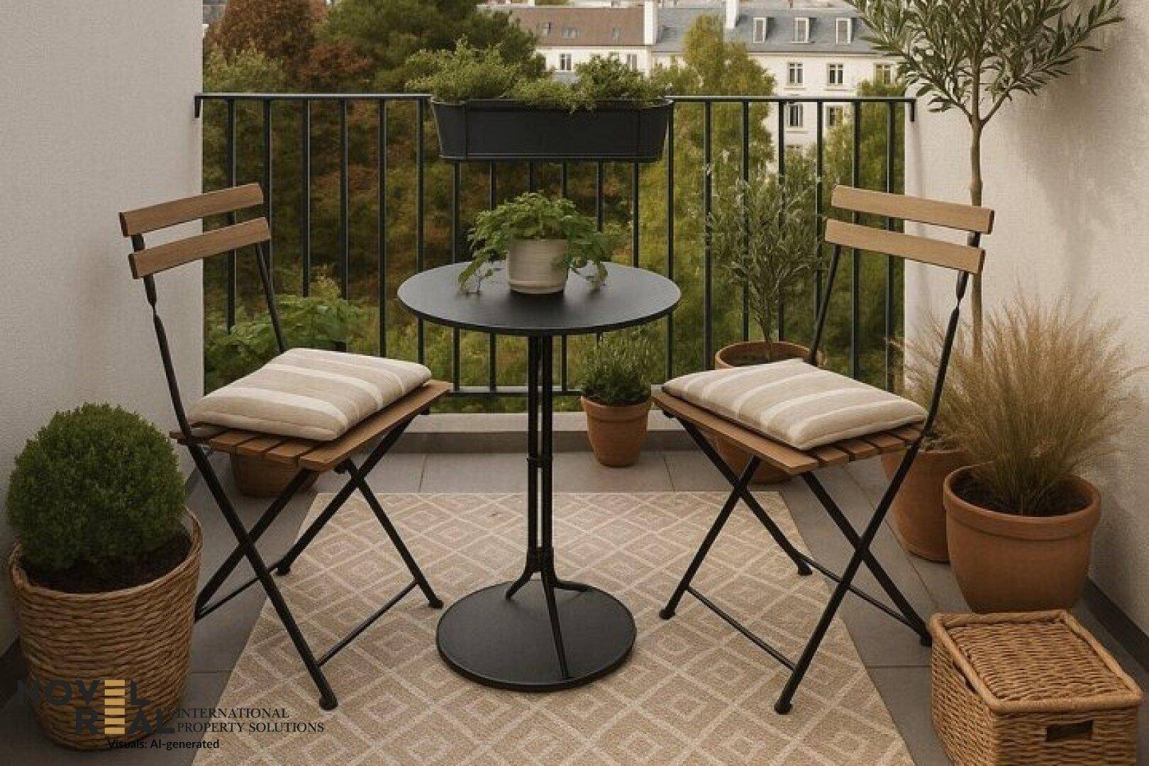 Kleiner, gemütlicher Balkon mit Bistrotisch, Stühlen und Topfpflanzen für entspannte Momente.