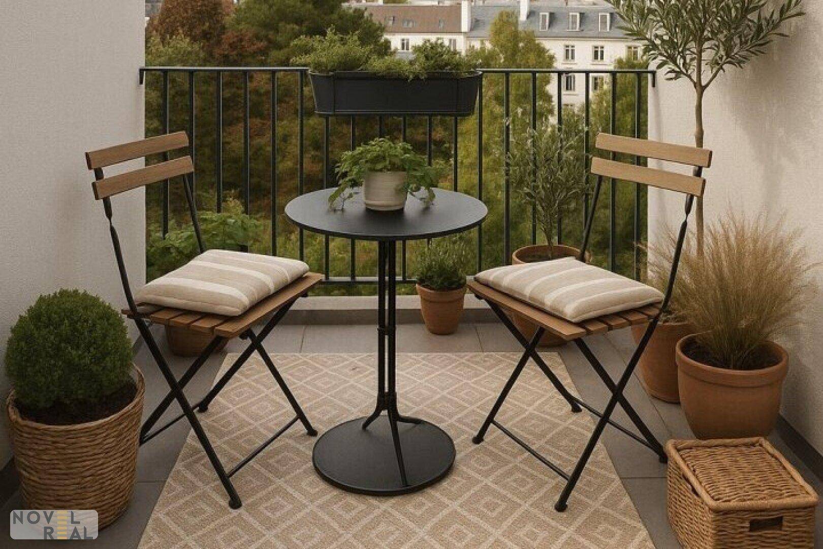 Gemütlicher Balkon mit Sitzgelegenheiten, Pflanzen und Blick auf Bäume und Stadtgebäude.