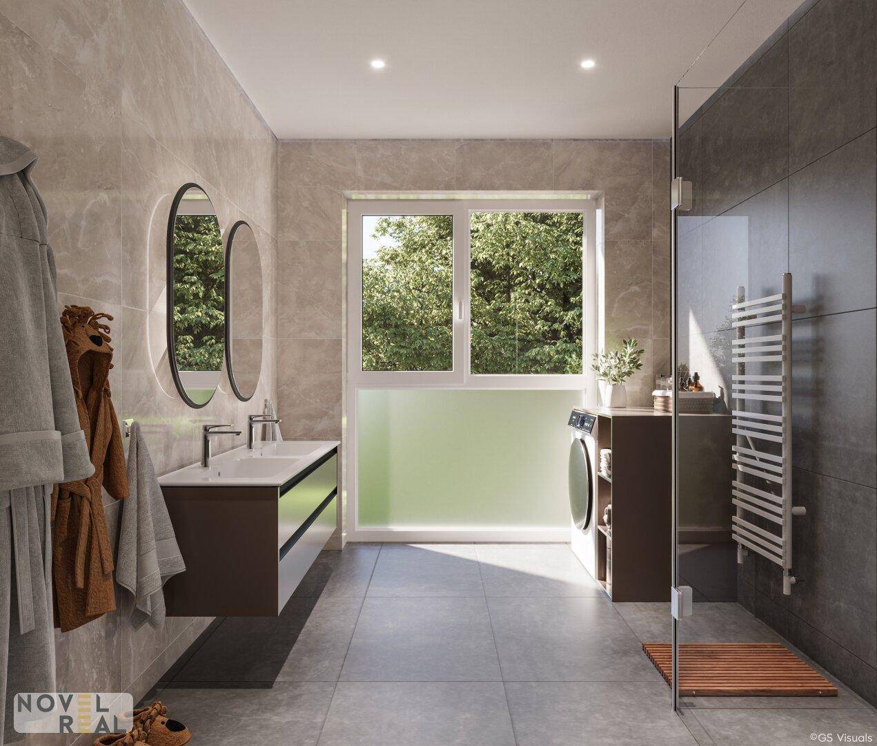 Modernes Badezimmer mit begehbarer Dusche, Fenster und integriertem Waschmaschinenanschluss.