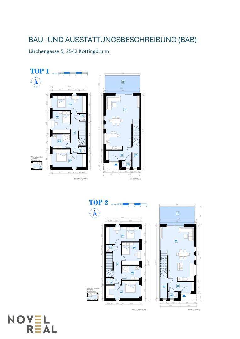 Grundrisse für zwei Wohneinheiten mit offener Raumaufteilung und Außenbereichen.