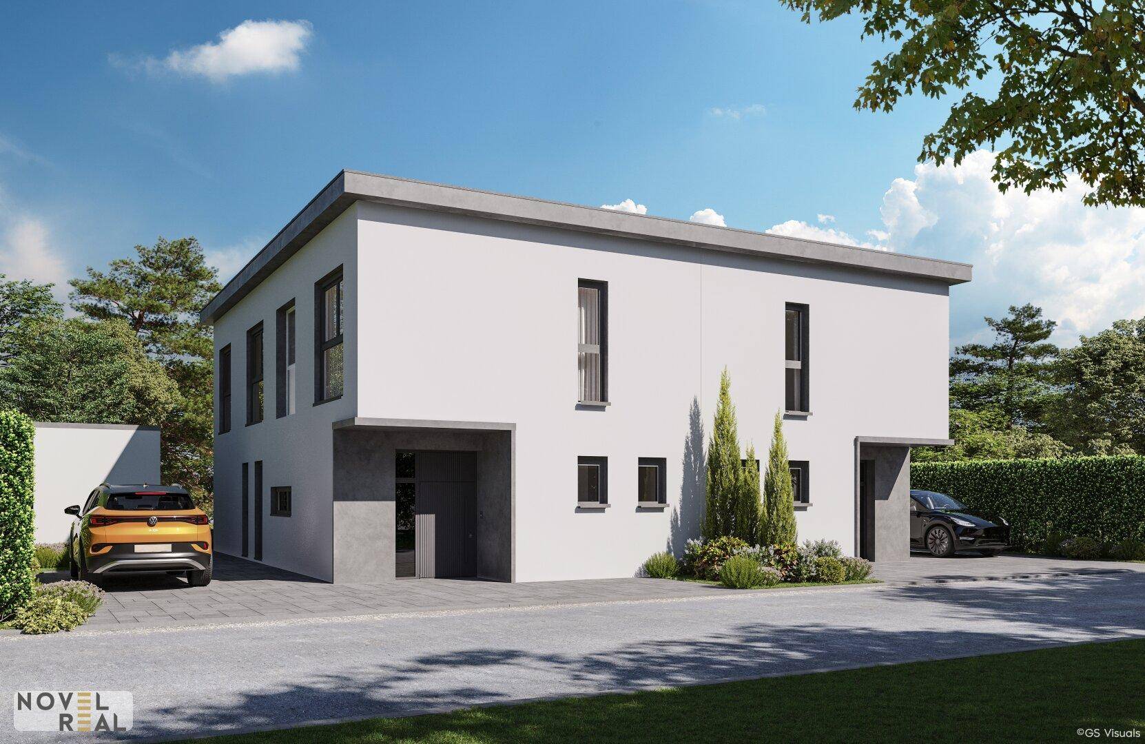 Ansicht der modernen Doppelhaushälfte mit klarer Architektur, Flachdach und integrierten Carports für Fahrzeuge.