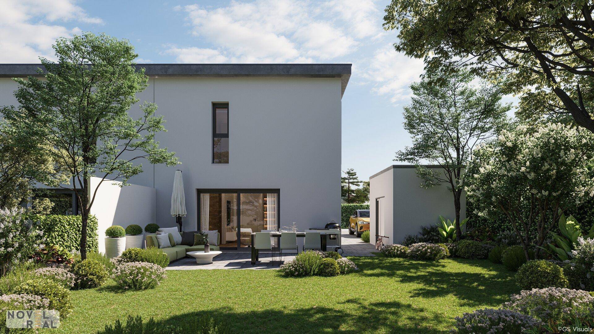 Moderne Doppelhaushälfte mit gepflegtem Garten, Rasenfläche und möblierter Terrasse für entspannte Stunden im Freien.