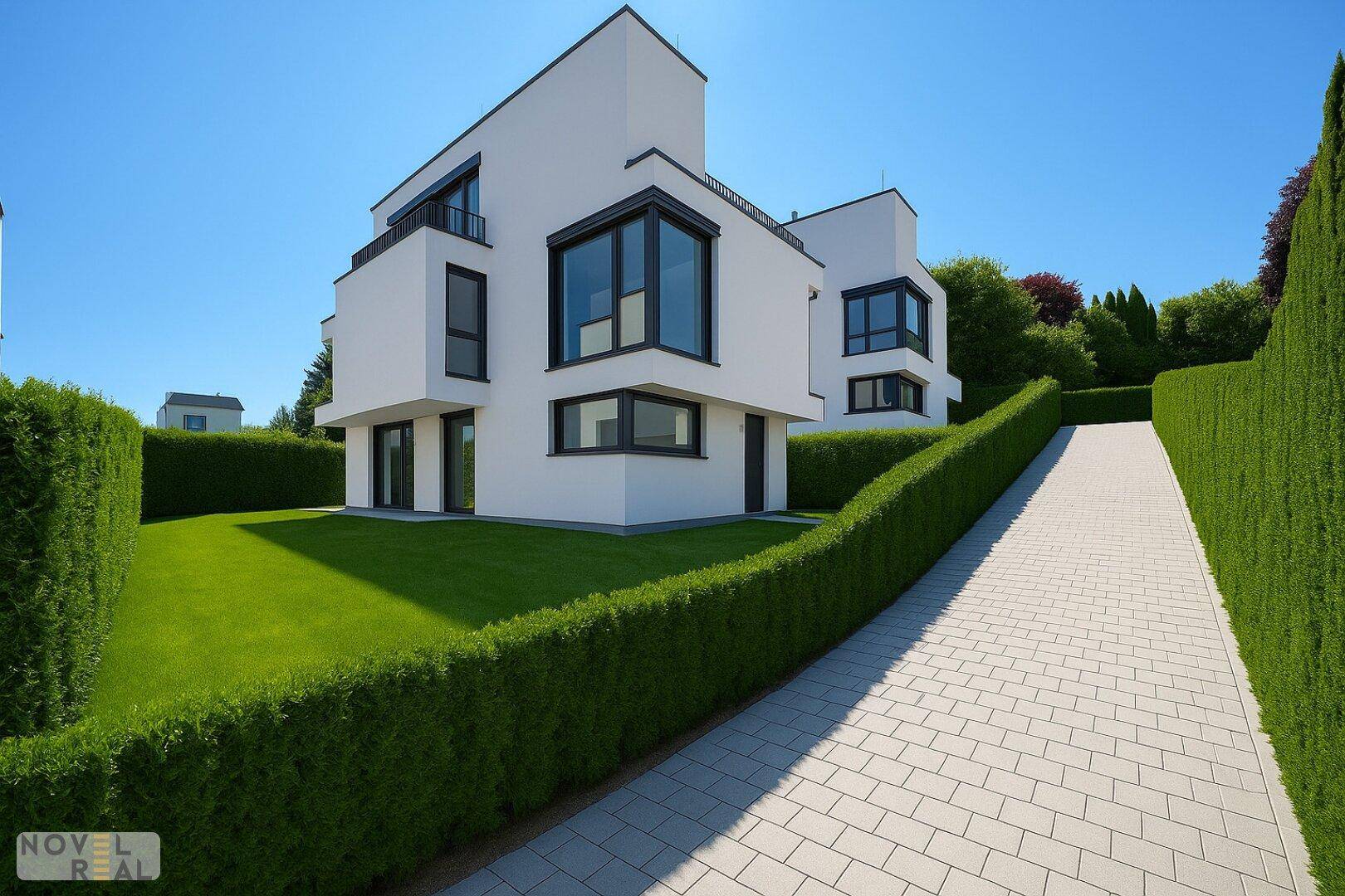 Moderne weiße Villen mit großen Fenstern, umgeben von gepflegten Hecken und Rasenflächen.