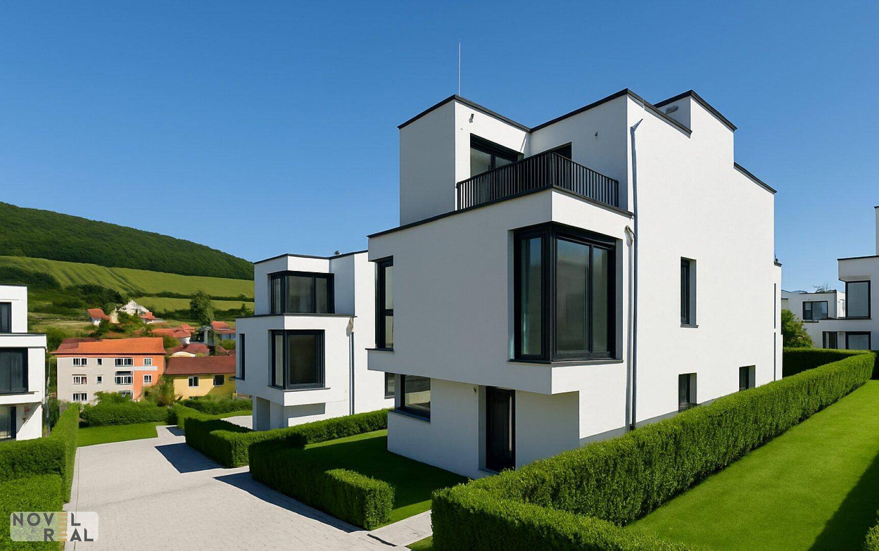 Moderne weiße Villen in einer Wohnsiedlung mit Blick auf grüne Hügel und Weinberge.
