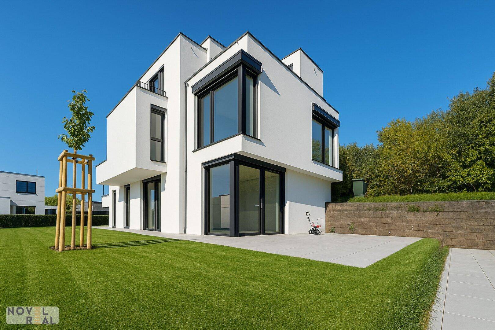 Moderne Villa mit großer Terrasse und weitläufigem Rasenbereich unter blauem Himmel.