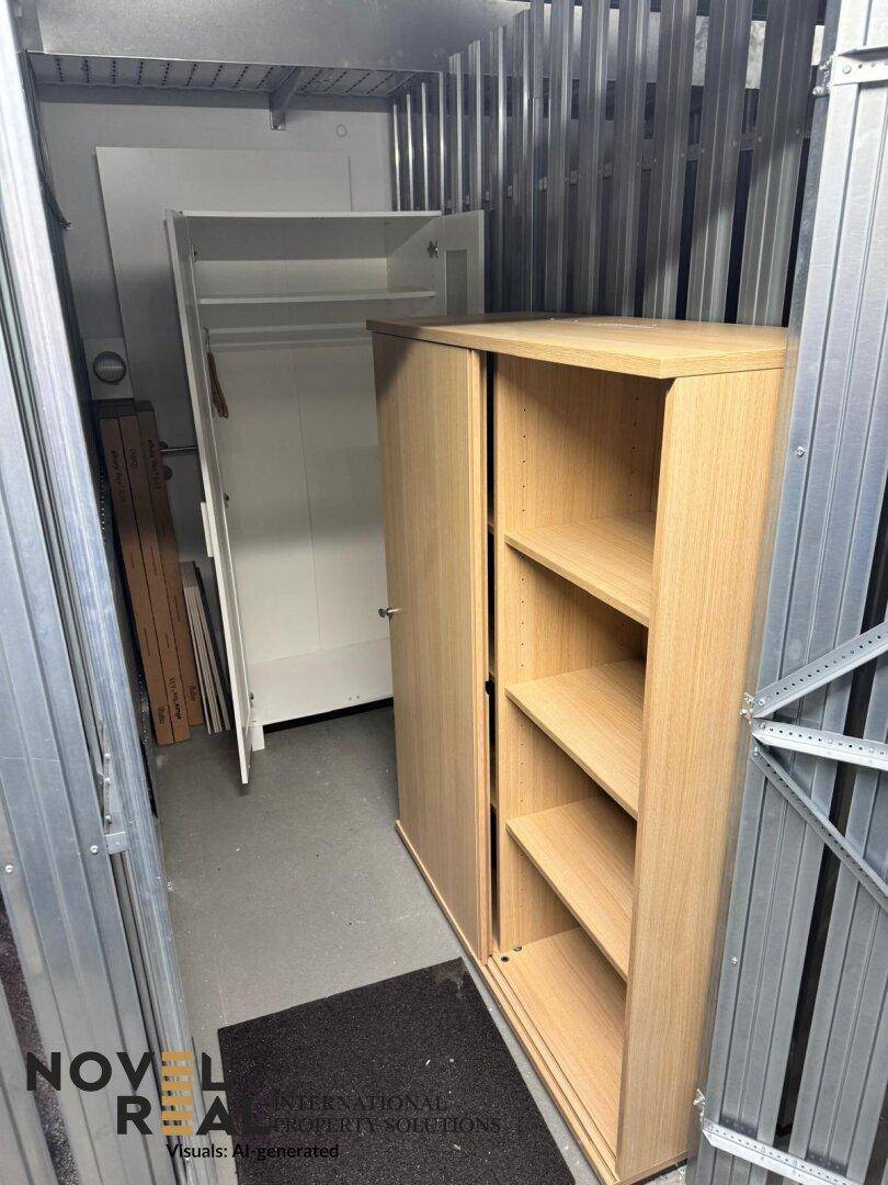 Kellerabteil mit Metallwänden und Holzschränken für zusätzlichen Stauraum.