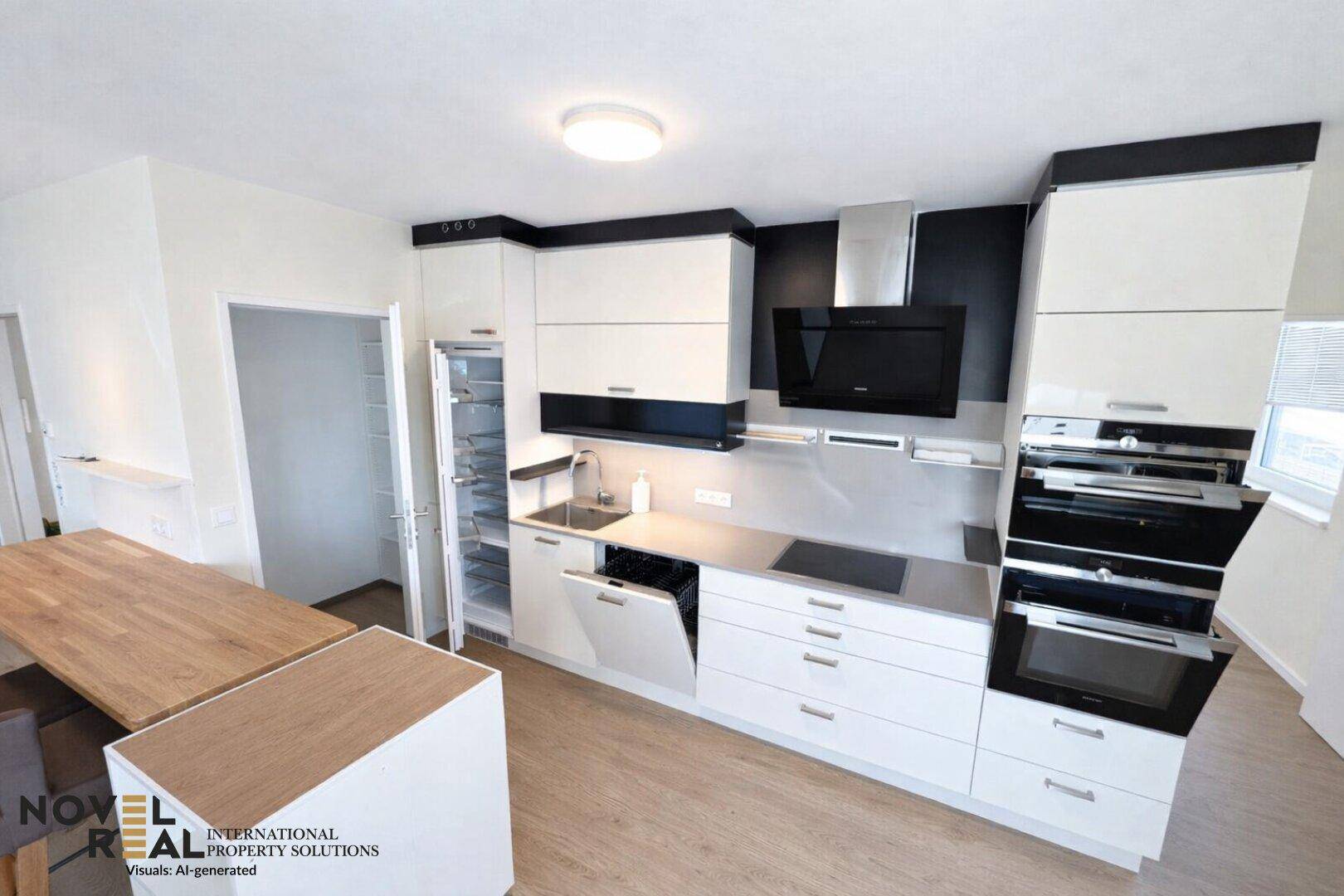 Moderne Einbauküche mit weißen und schwarzen Elementen, integrierten Geräten und Holzboden.