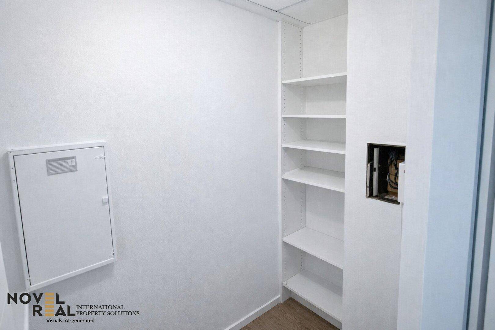 Praktischer Abstellraum mit weißen Regalen und einem Sicherungskasten an der Wand.