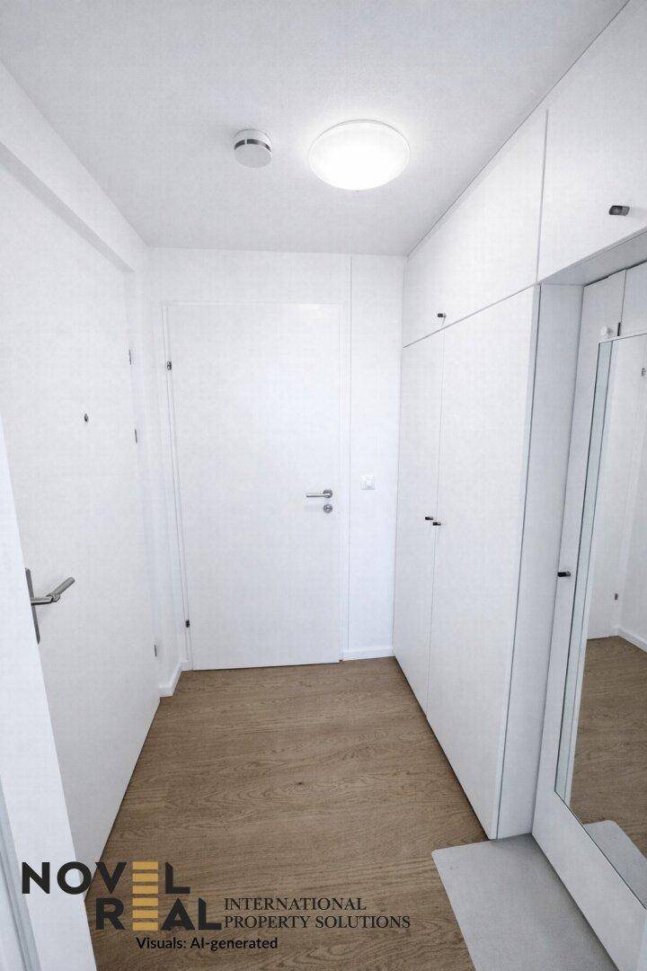 Heller Flur mit Holzboden, integrierten Schränken und einem großen Spiegel.
