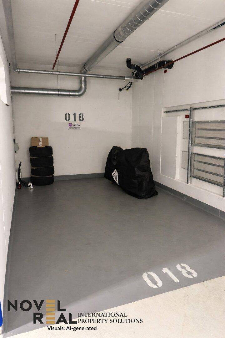 Tiefgaragenstellplatz Nummer 018 mit Betonboden und sichtbaren Installationen an der Decke.