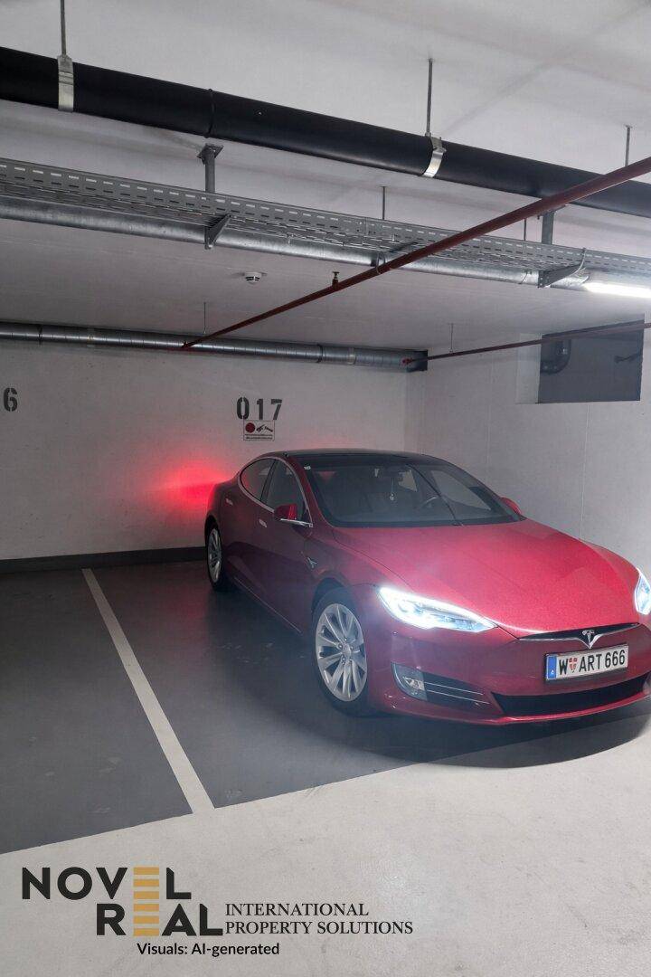 Tiefgaragenstellplatz Nummer 017 mit einem roten Elektrofahrzeug und Beleuchtung.