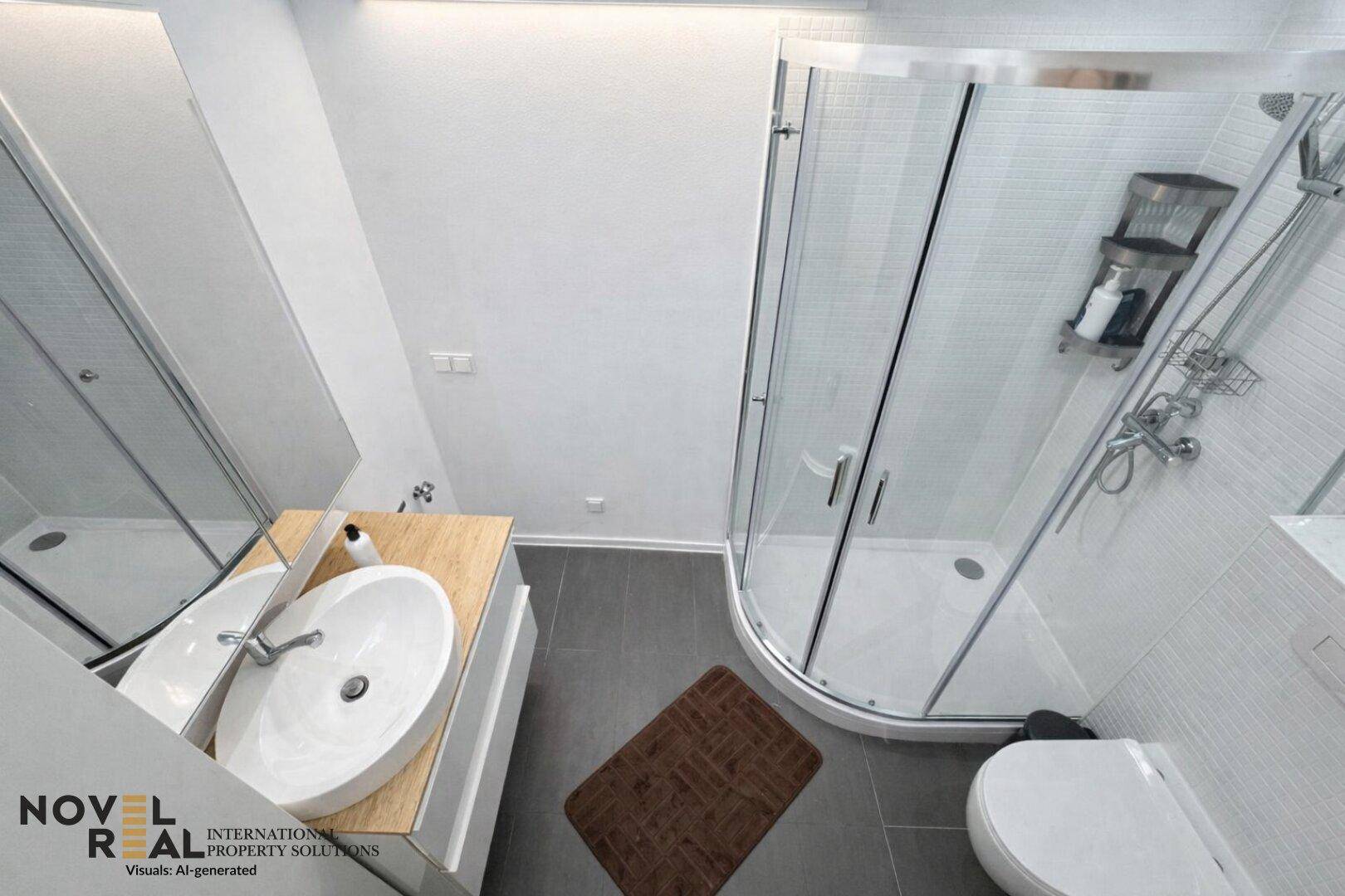 Modernes Badezimmer mit Dusche, Waschbecken auf Holzplatte und dunklen Bodenfliesen.