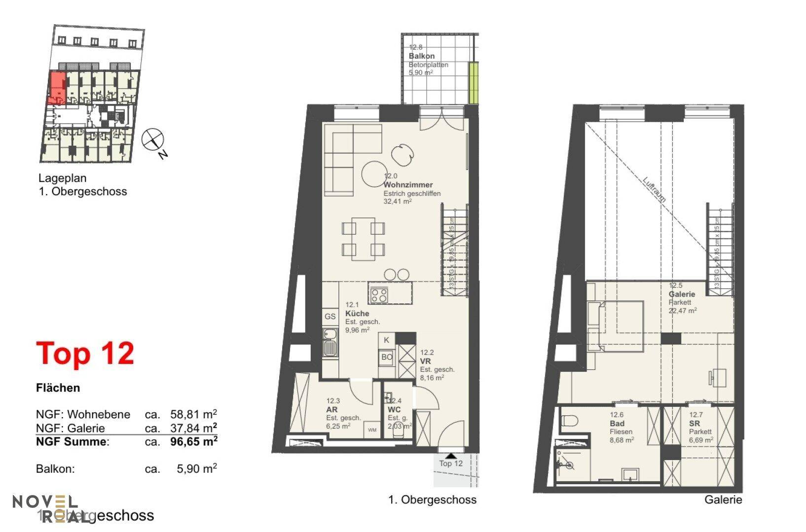 Detaillierter Grundriss einer Maisonette-Wohnung mit Balkon und Galeriebereich.