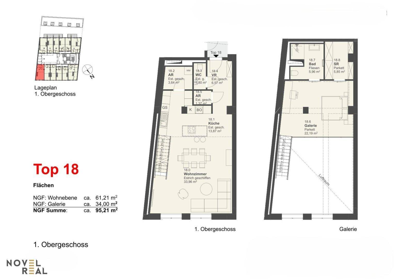 Grundriss der Wohnung Top 18 mit offenem Wohnbereich und Galerie im Obergeschoss.