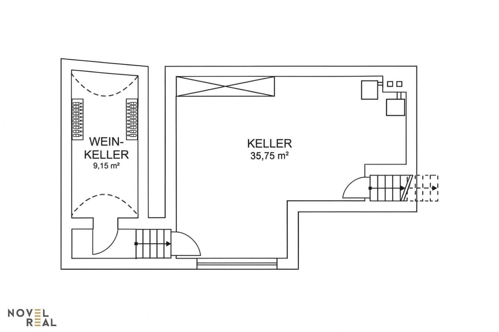 Grundriss des Kellers mit großem Kellerraum und Weinkeller.