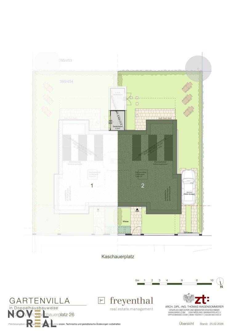Übersichtsplan des Grundstücks mit der Position der Doppelhaushälfte und Gartenbereichen.