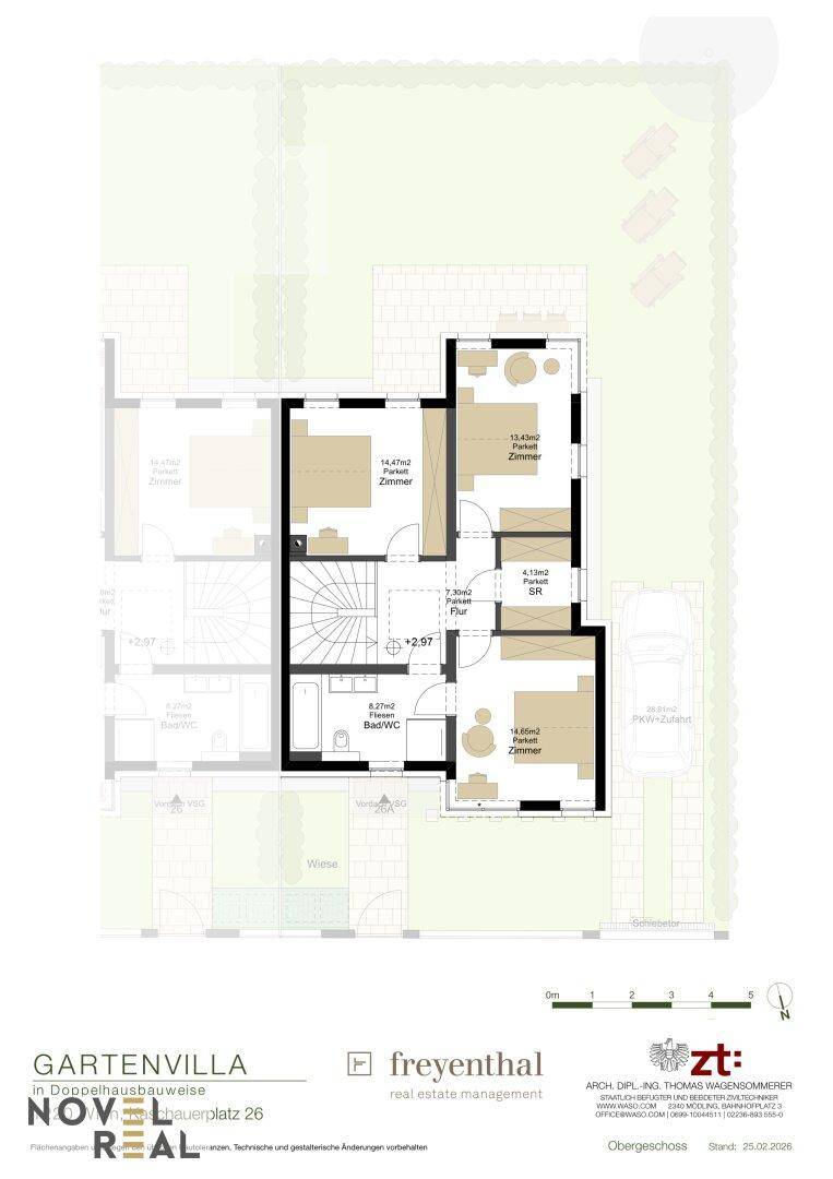 Grundriss des Obergeschosses mit drei Schlafzimmern und einem Badezimmer.