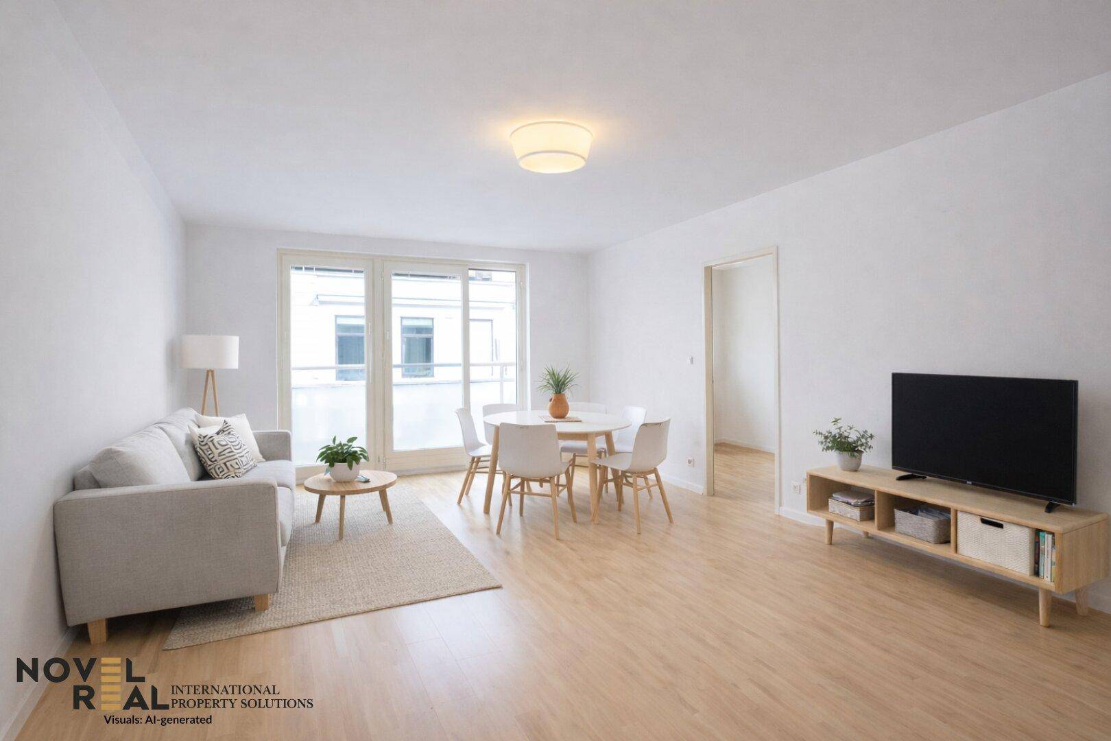 Virtuell möblierter Wohn-Essbereich mit hellem Holzboden, Esstisch und Zugang zum Balkon.